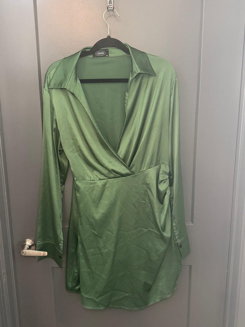 Satin Olive Green Long Sleeve Dress